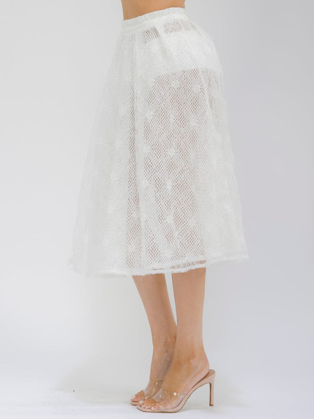 WOMEN'S ELASTIC WAIST FRONT CROCHET LACE FIT & FLARE MIDI SKIRT
