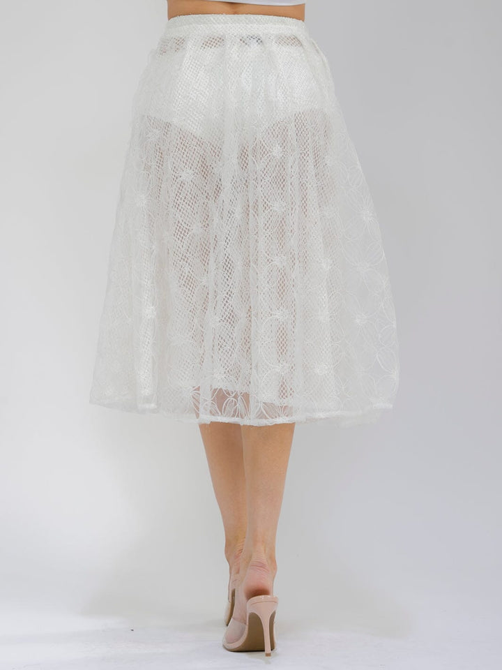 WOMEN'S ELASTIC WAIST FRONT CROCHET LACE FIT & FLARE MIDI SKIRT