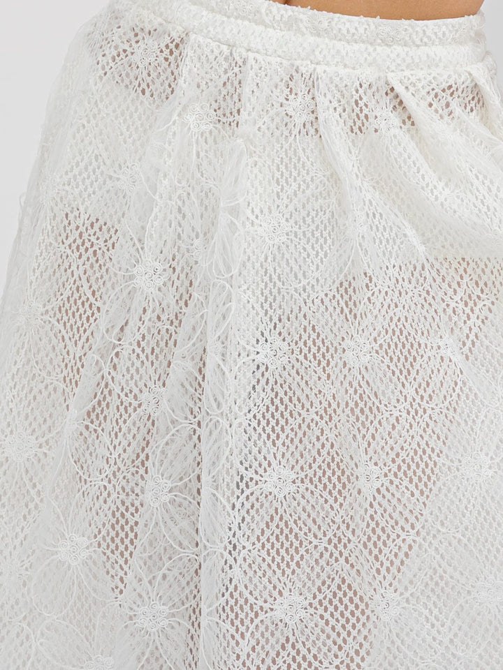 WOMEN'S ELASTIC WAIST FRONT CROCHET LACE FIT & FLARE MIDI SKIRT