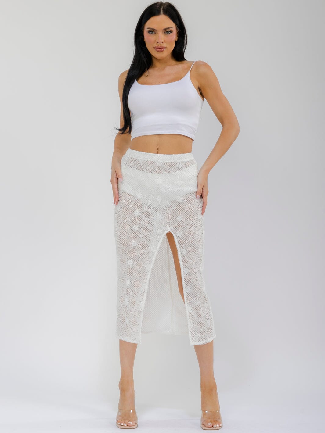 WOMEN'S ELASTIC WAISR FRONT SLIT CROCHET LACE MIDI SKIRT