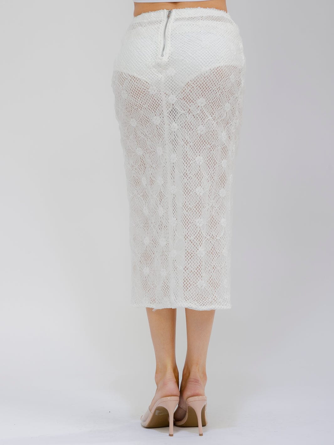 WOMEN'S ELASTIC WAISR FRONT SLIT CROCHET LACE MIDI SKIRT