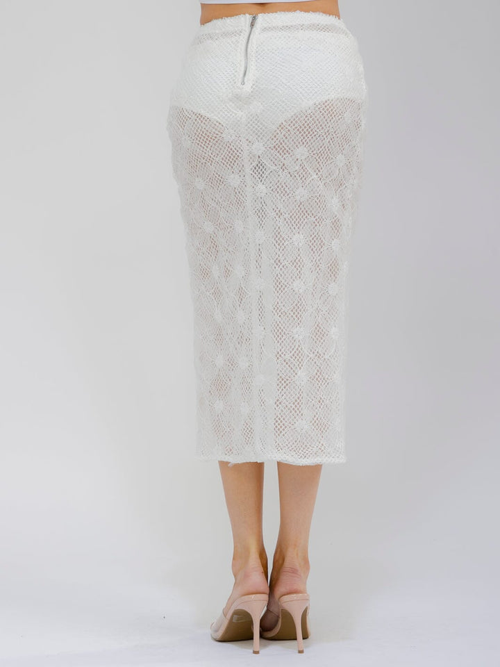WOMEN'S ELASTIC WAISR FRONT SLIT CROCHET LACE MIDI SKIRT
