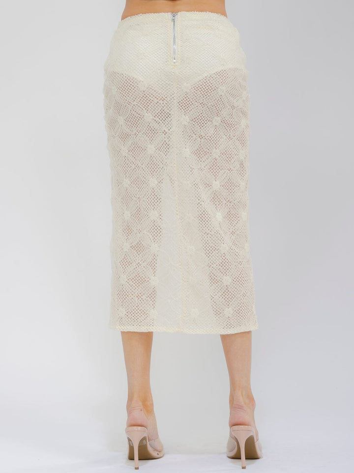 WOMEN'S ELASTIC WAISR FRONT SLIT CROCHET LACE MIDI SKIRT