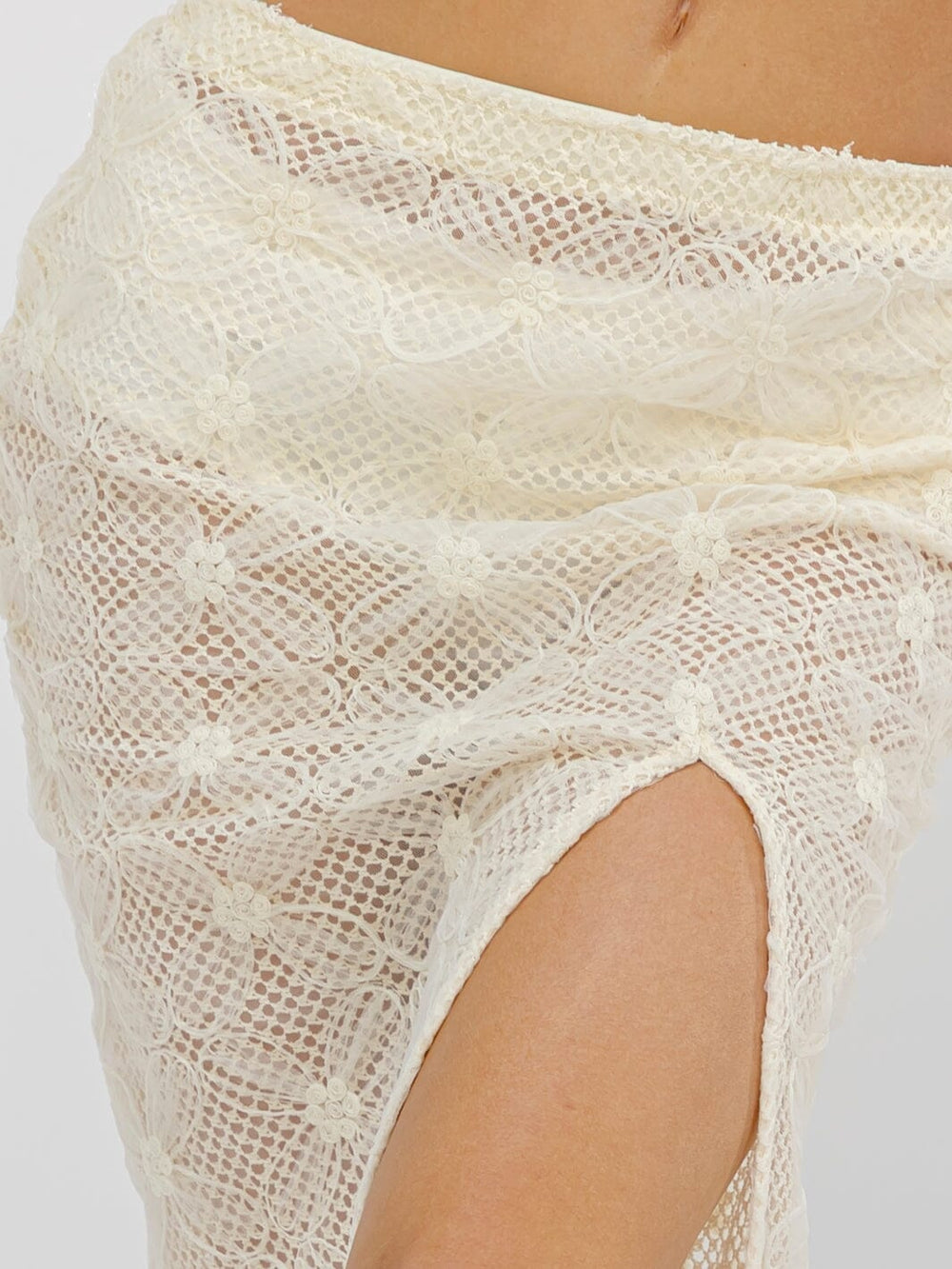 WOMEN'S ELASTIC WAISR FRONT SLIT CROCHET LACE MIDI SKIRT