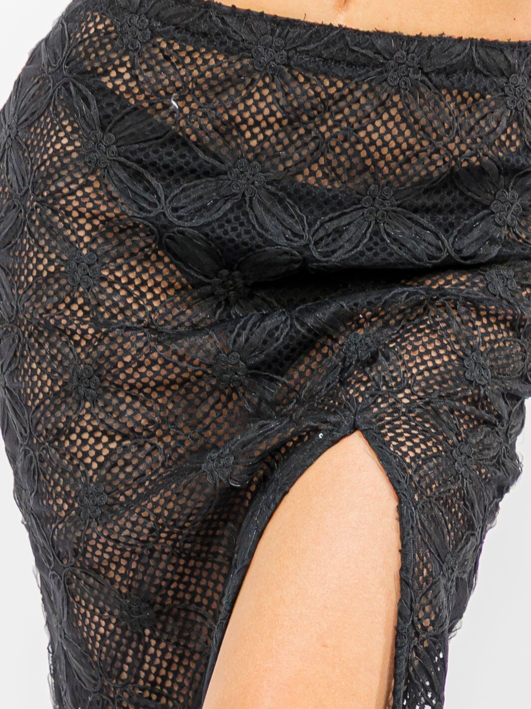 WOMEN'S ELASTIC WAISR FRONT SLIT CROCHET LACE MIDI SKIRT