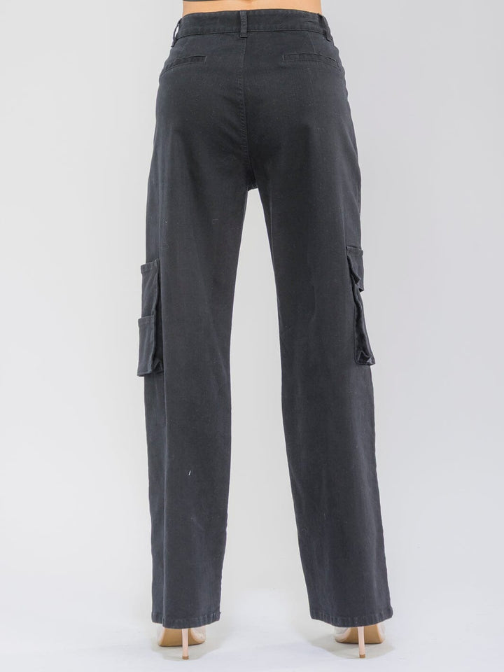 WOMEN'S BUTTON CLOSURE POCKETS STRETCH WIDE LEG PANTS