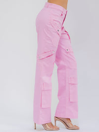 WOMEN'S BUTTON CLOSURE POCKETS STRETCH WIDE LEG PANTS