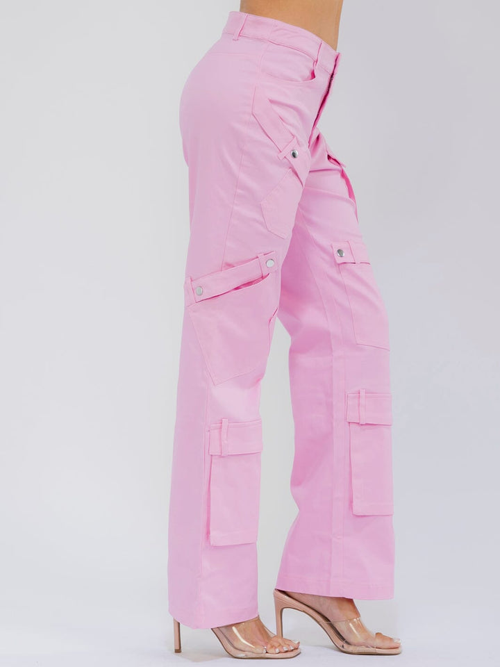 WOMEN'S BUTTON CLOSURE POCKETS STRETCH WIDE LEG PANTS