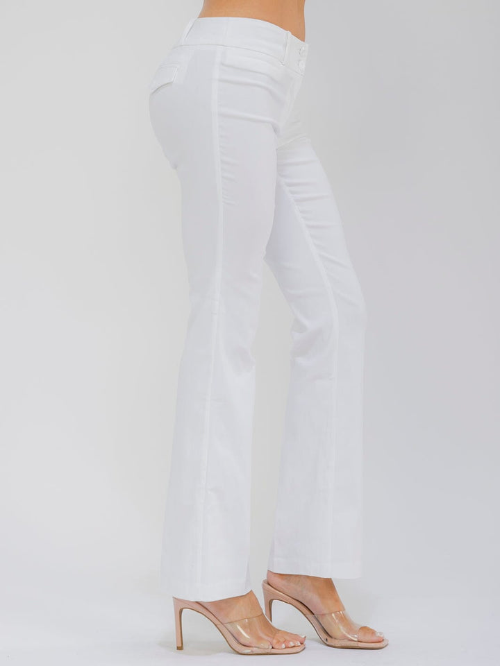 WOMEN'S BUTTON CLOSURE SOLID STRETCH BELL LEG PANTS