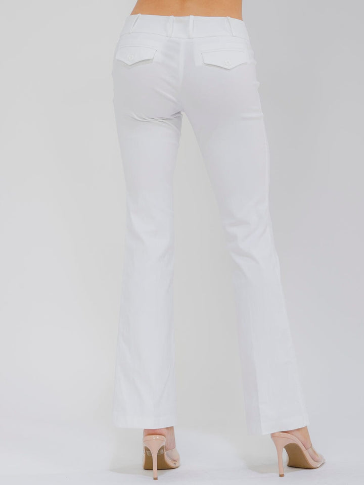 WOMEN'S BUTTON CLOSURE SOLID STRETCH BELL LEG PANTS