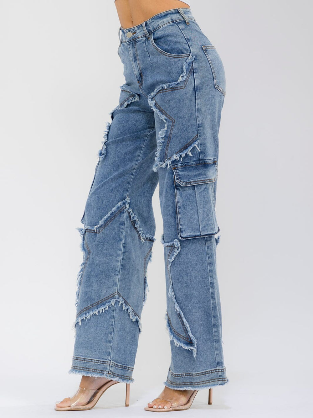 WOMEN'S BUTTON CLOSURE CARGO POCKETS DISTRESS WIDE LEG STRETCH DENIM JEANS