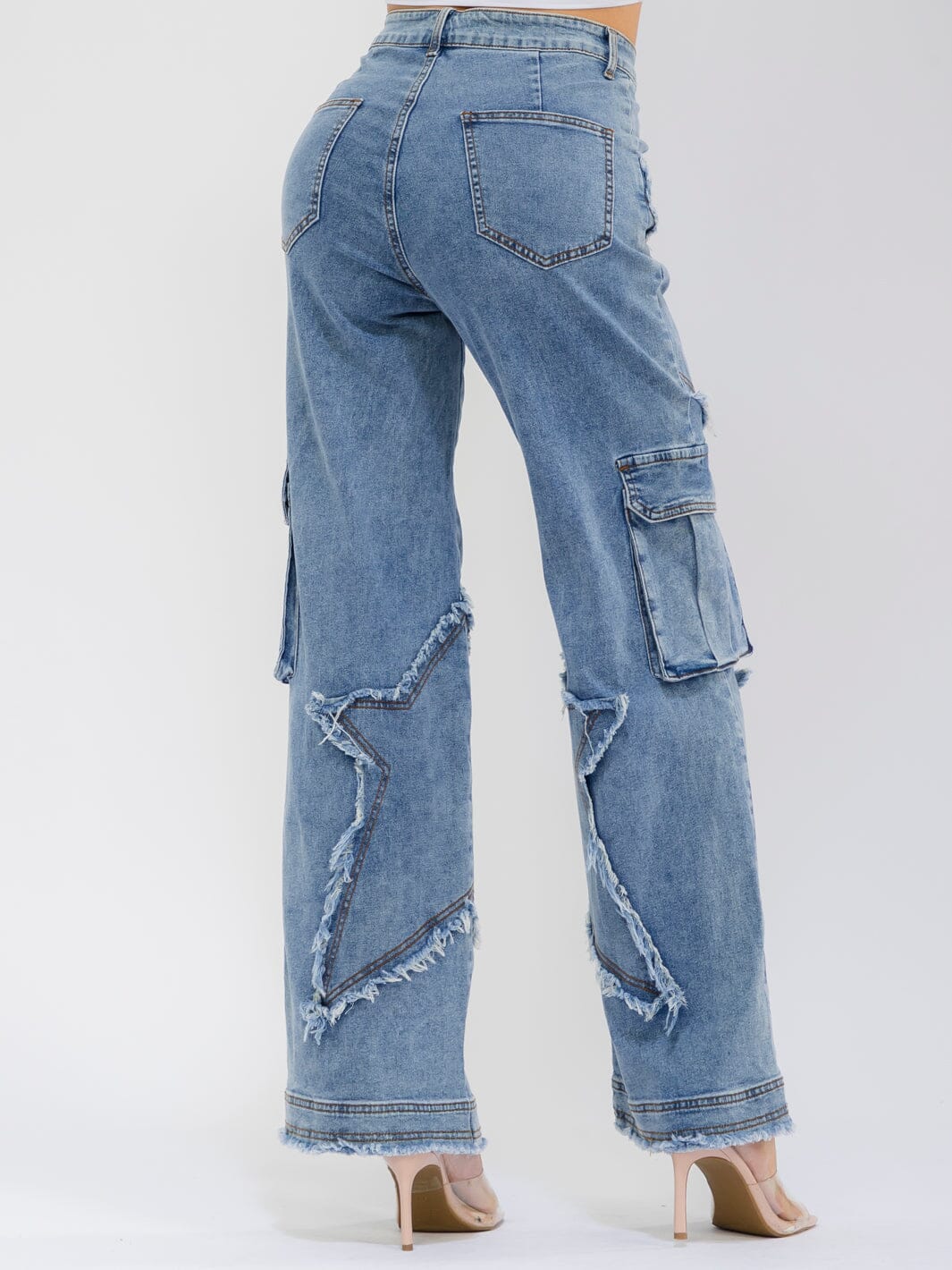 WOMEN'S BUTTON CLOSURE CARGO POCKETS DISTRESS WIDE LEG STRETCH DENIM JEANS