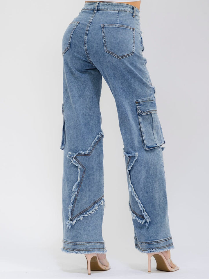 WOMEN'S BUTTON CLOSURE CARGO POCKETS DISTRESS WIDE LEG STRETCH DENIM JEANS