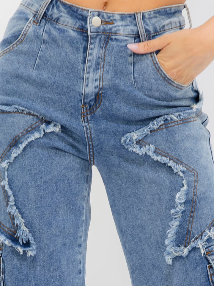 WOMEN'S BUTTON CLOSURE CARGO POCKETS DISTRESS WIDE LEG STRETCH DENIM JEANS