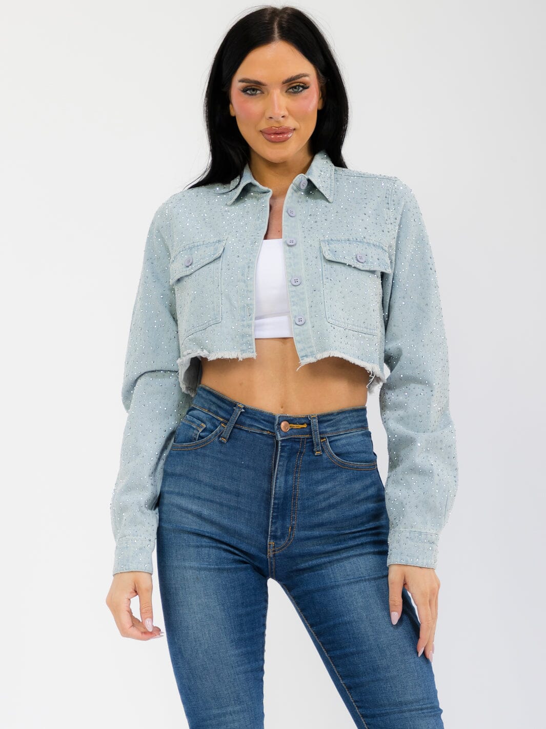 WOMEN'S LONG SLEEVE BUTTON UP FRONT POCKETS RHINESTONES DENIM CROP JACKET