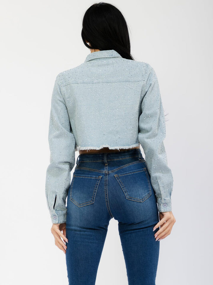 WOMEN'S LONG SLEEVE BUTTON UP FRONT POCKETS RHINESTONES DENIM CROP JACKET
