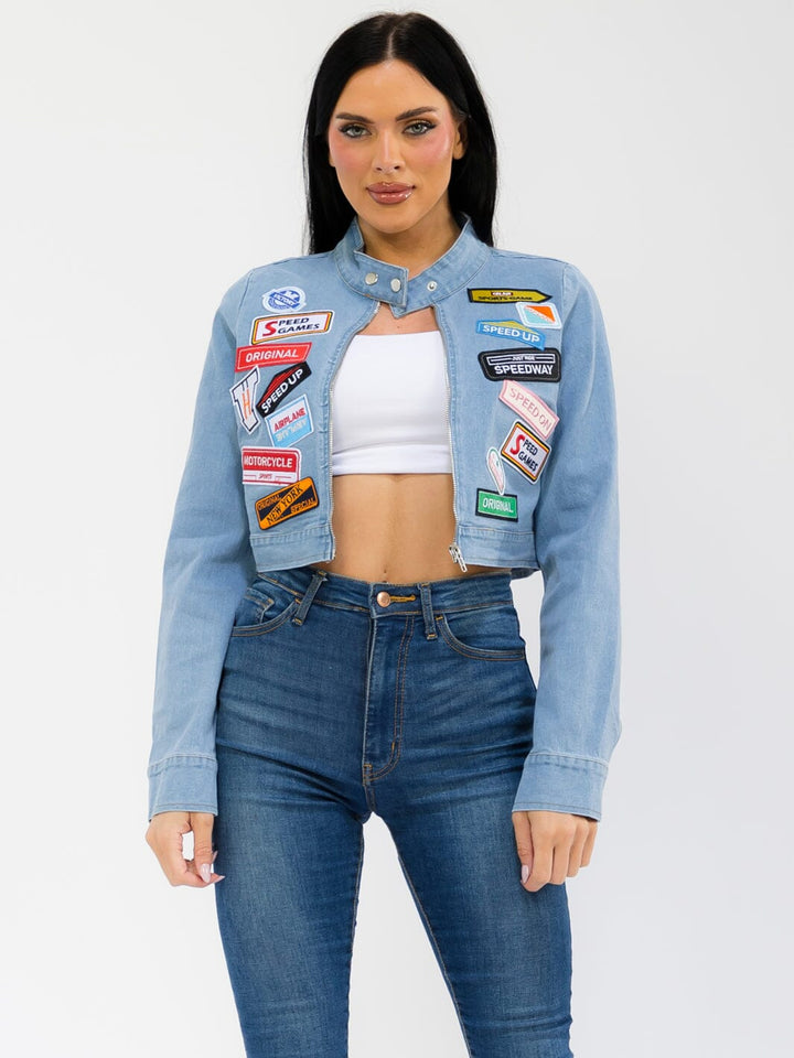 WOMEN'S LONG SLEEVE BUTTON UP PATCHED DENIM CROP JACKET