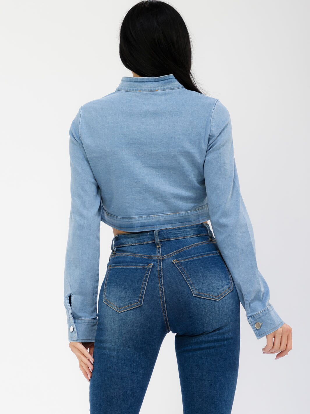 WOMEN'S LONG SLEEVE BUTTON UP PATCHED DENIM CROP JACKET