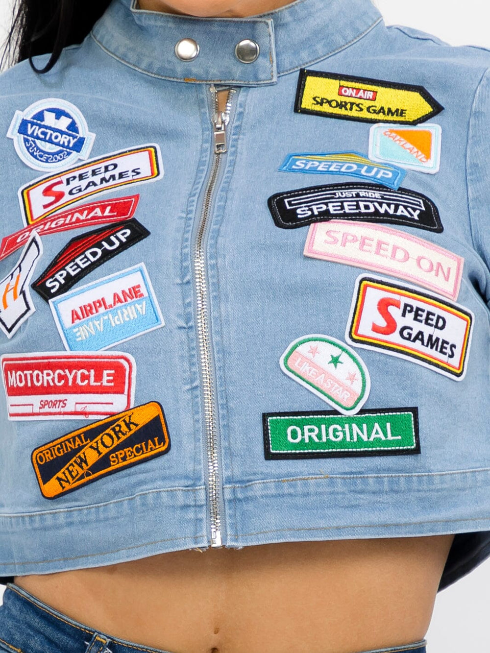 WOMEN'S LONG SLEEVE BUTTON UP PATCHED DENIM CROP JACKET