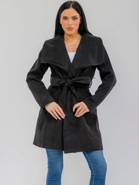 WOMEN'S LONG SLEEVE SELF TIE FRONT POCKETS COAT