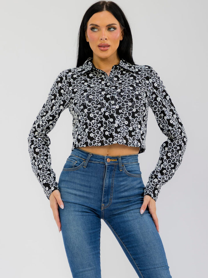 WOMEN'S LONG SLEEVE BUTTON UP FLOWER SEQUINS TOP