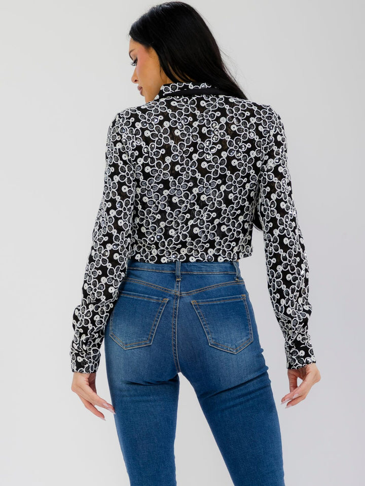 WOMEN'S LONG SLEEVE BUTTON UP FLOWER SEQUINS TOP
