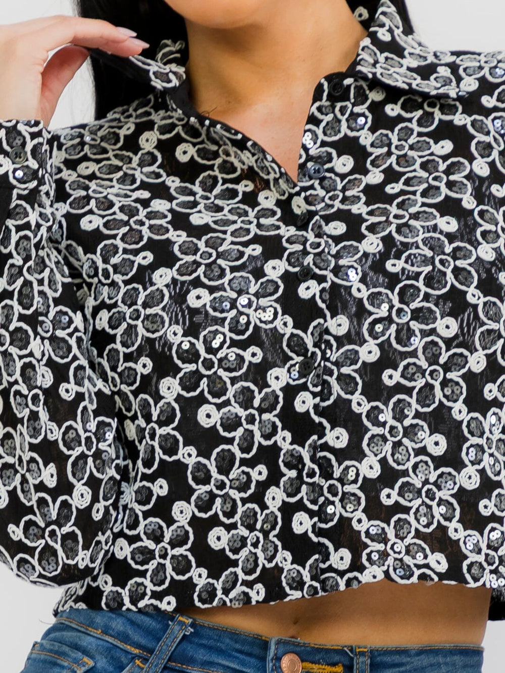 WOMEN'S LONG SLEEVE BUTTON UP FLOWER SEQUINS TOP
