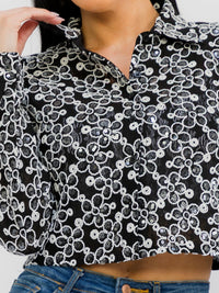 WOMEN'S LONG SLEEVE BUTTON UP FLOWER SEQUINS TOP