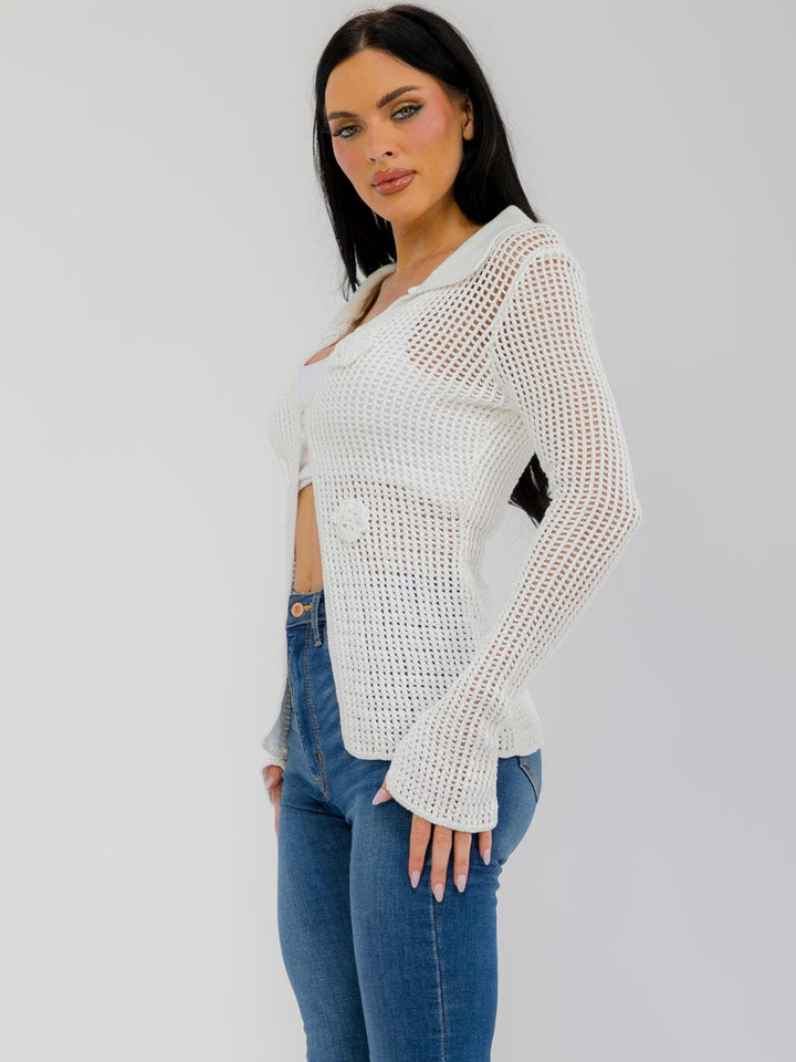 WOMEN'S LONG SLEEVE BUTTON CLOSURE FLOWER CROCHET TOP