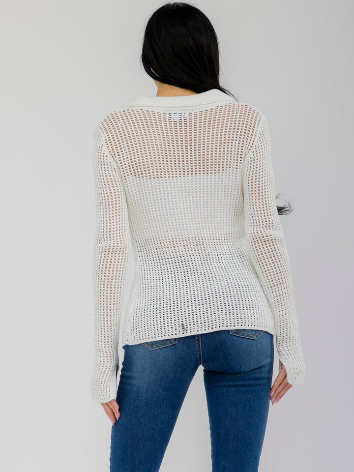 WOMEN'S LONG SLEEVE BUTTON CLOSURE FLOWER CROCHET TOP