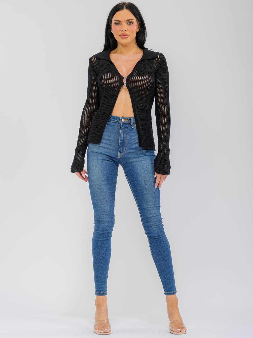 WOMEN'S LONG SLEEVE BUTTON CLOSURE FLOWER CROCHET TOP