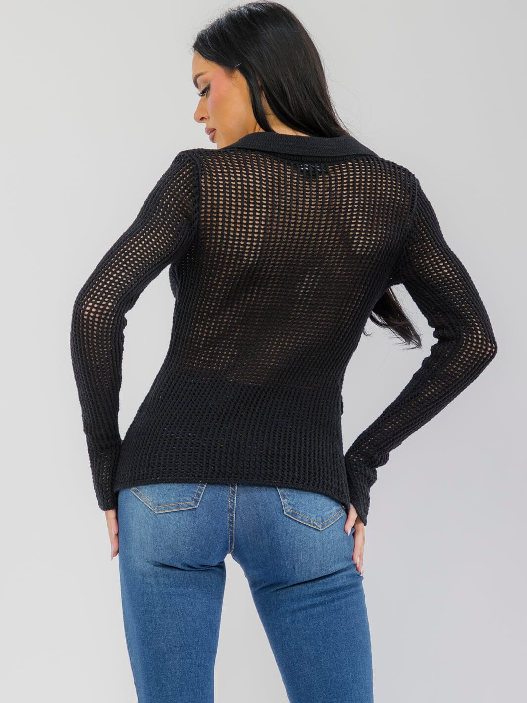 WOMEN'S LONG SLEEVE BUTTON CLOSURE FLOWER CROCHET TOP
