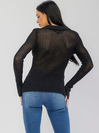 WOMEN'S LONG SLEEVE BUTTON CLOSURE FLOWER CROCHET TOP