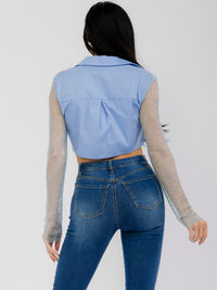WOMEN'S LONG SLEEVE BUTTON UP RHINESTONES CROP TOP