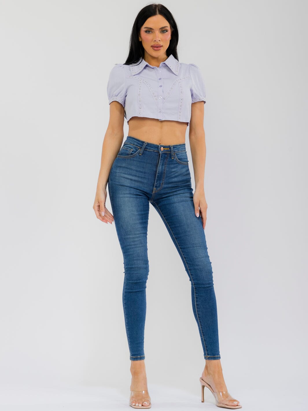 WOMEN'S SHORT SLEEVE BUTTON UP STUDS DETAILED CROP TOP