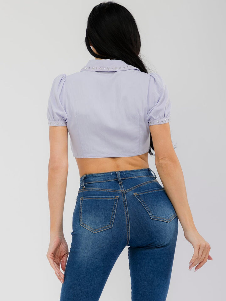 WOMEN'S SHORT SLEEVE BUTTON UP STUDS DETAILED CROP TOP