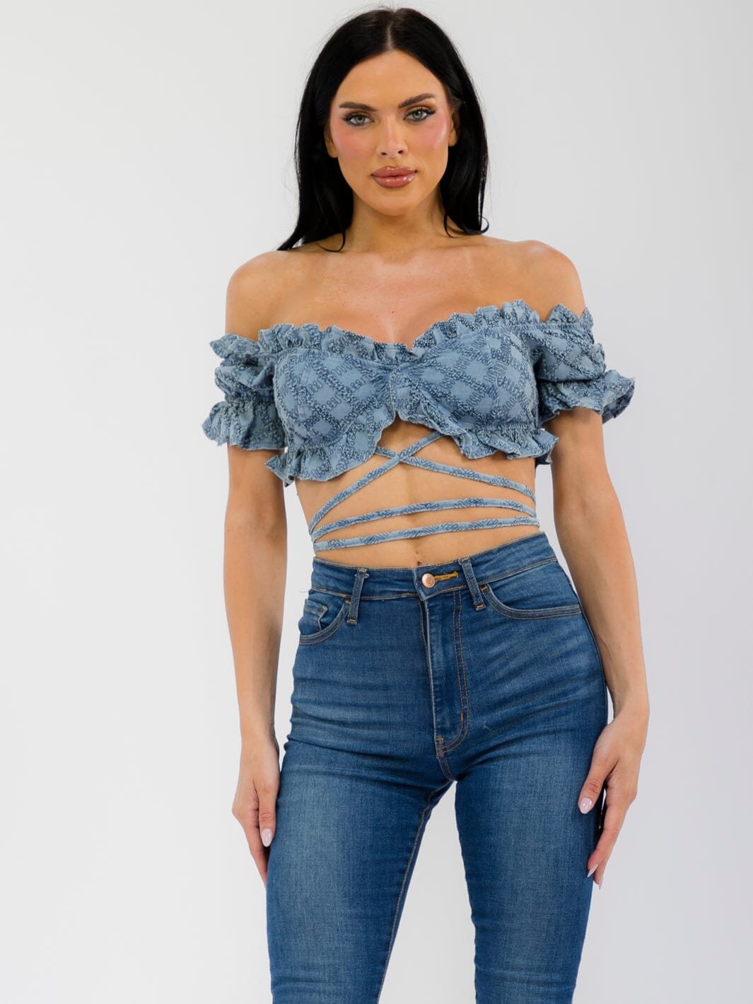WOMEN'S OFF SHOULDER STRETCHED DENIM CROP TOP