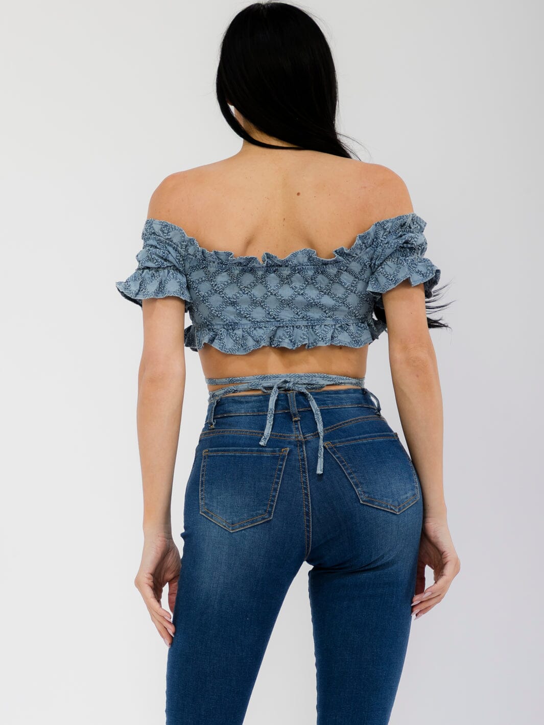 WOMEN'S OFF SHOULDER STRETCHED DENIM CROP TOP