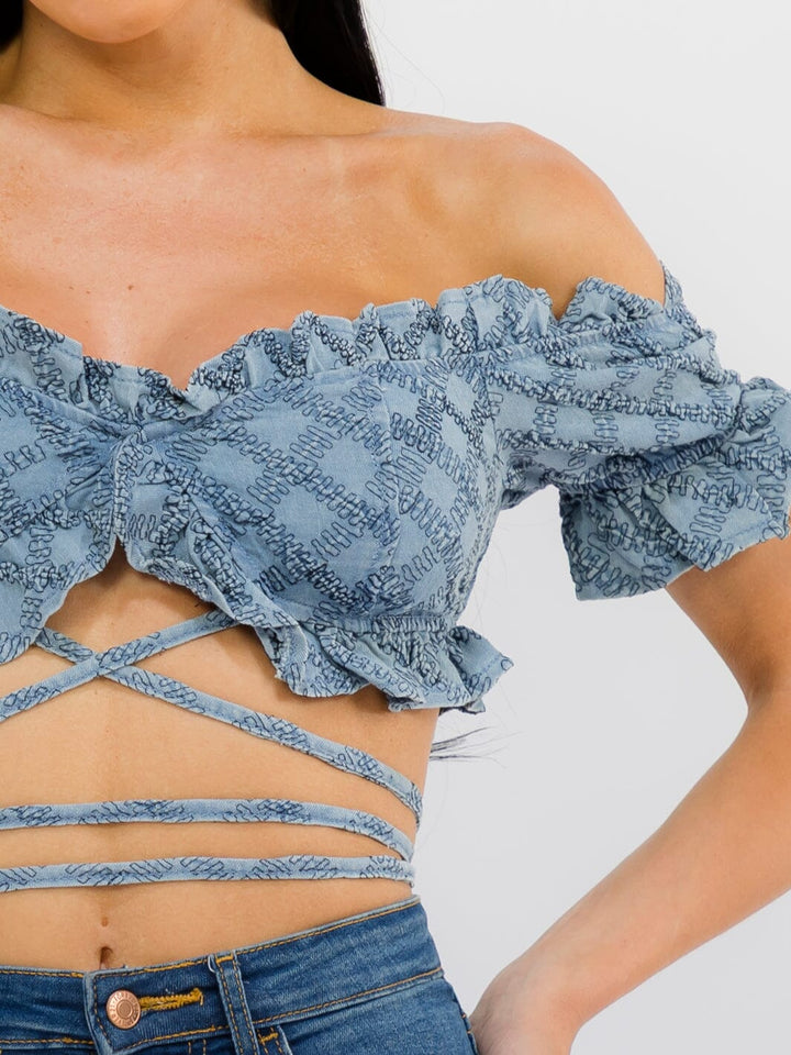 WOMEN'S OFF SHOULDER STRETCHED DENIM CROP TOP