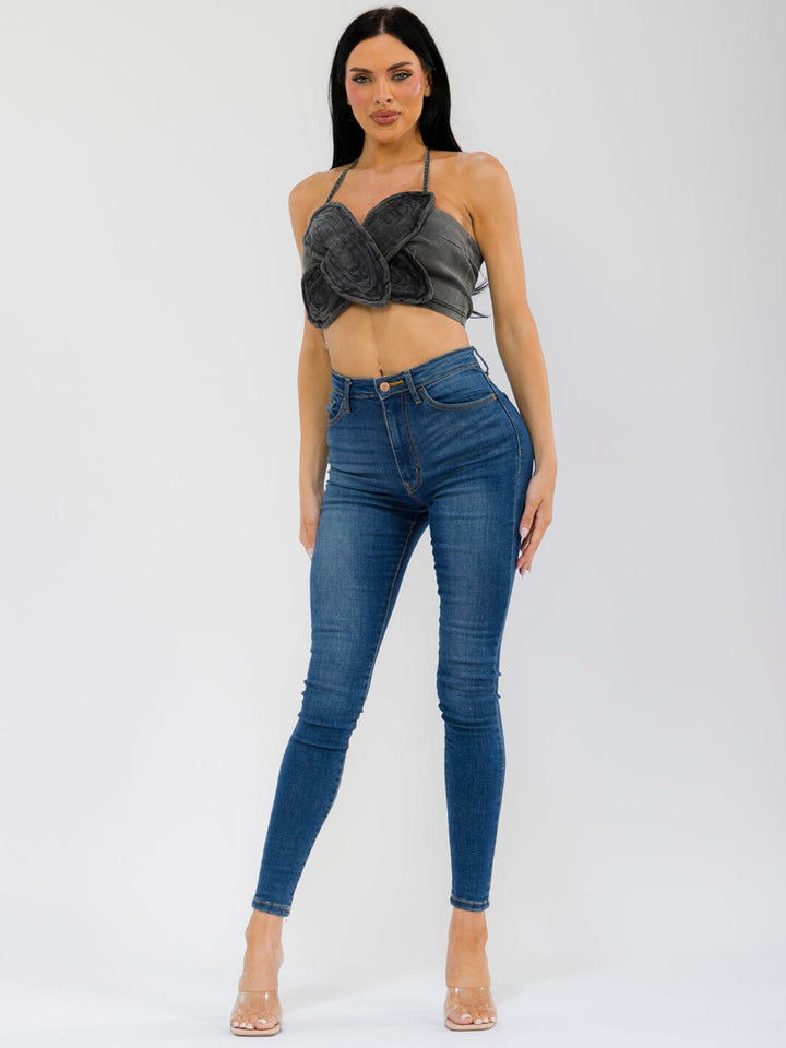 WOMEN'S SLEEVELESS HALTER NECK WASHED STRETCHED DENIM CROP TOP