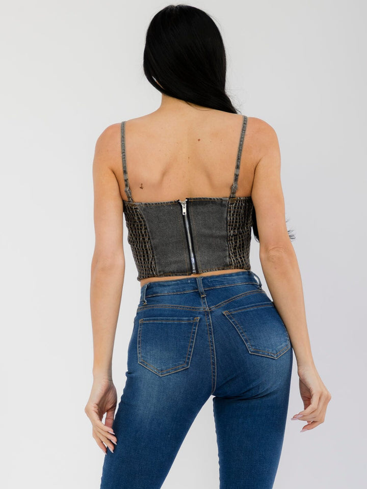 WOMEN'S SLEEVELESS SMOCK WASHED STRETCHED DENIM CROP TOP