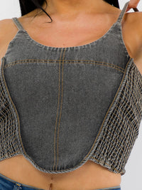 WOMEN'S SLEEVELESS SMOCK WASHED STRETCHED DENIM CROP TOP