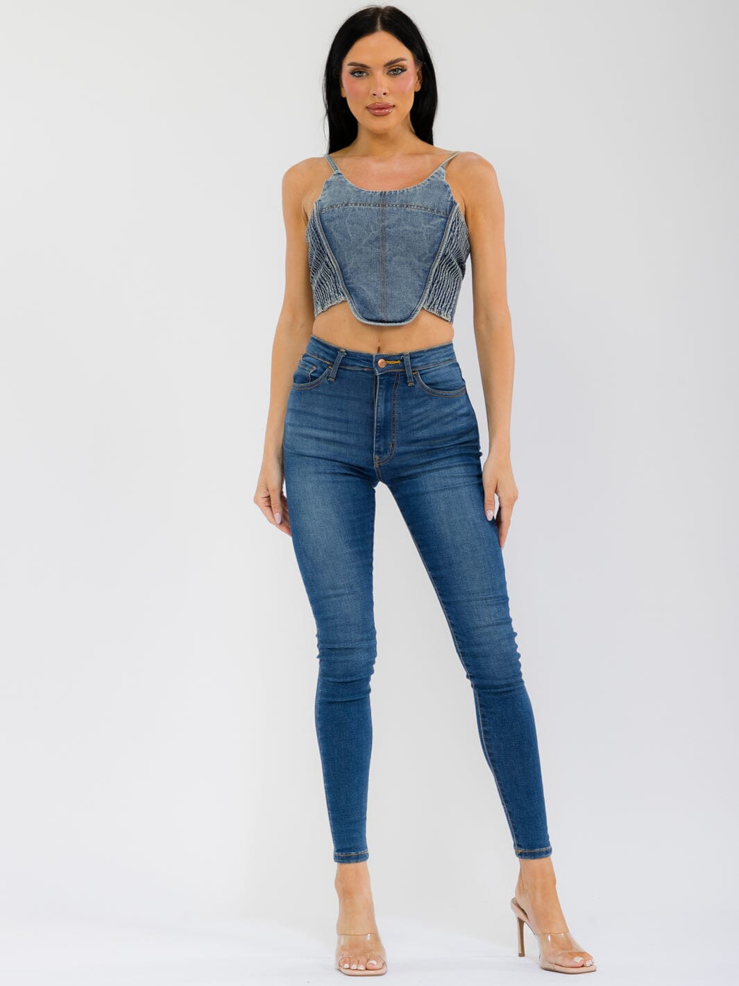 WOMEN'S SLEEVELESS SMOCK WASHED STRETCHED DENIM CROP TOP
