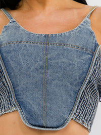 WOMEN'S SLEEVELESS SMOCK WASHED STRETCHED DENIM CROP TOP