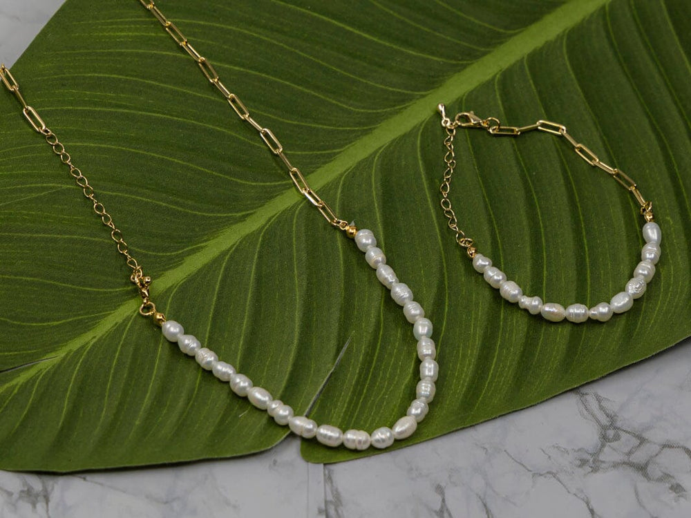 FASHION GOLD PEARL NECKLACE & BRACELET 2PC SET