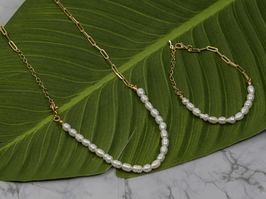 FASHION GOLD PEARL NECKLACE & BRACELET 2PC SET