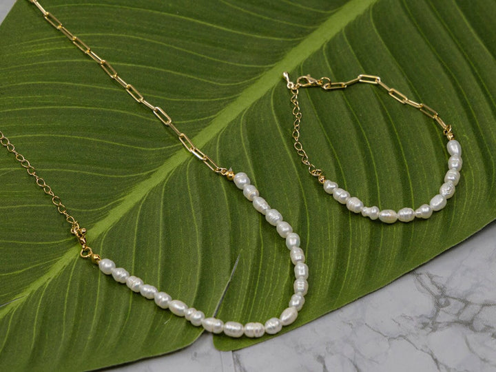 FASHION GOLD PEARL NECKLACE & BRACELET 2PC SET