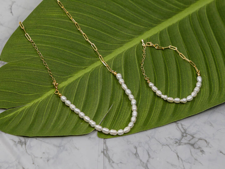 FASHION GOLD PEARL NECKLACE & BRACELET 2PC SET