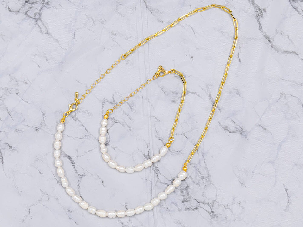 FASHION GOLD PEARL NECKLACE & BRACELET 2PC SET
