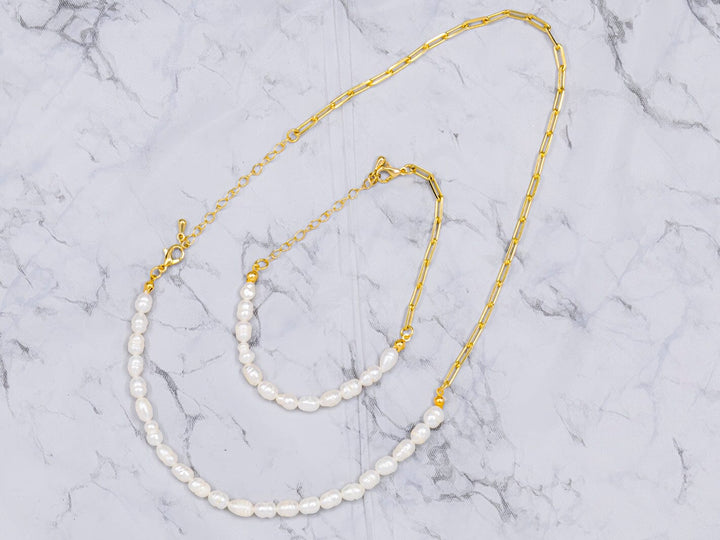 FASHION GOLD PEARL NECKLACE & BRACELET 2PC SET